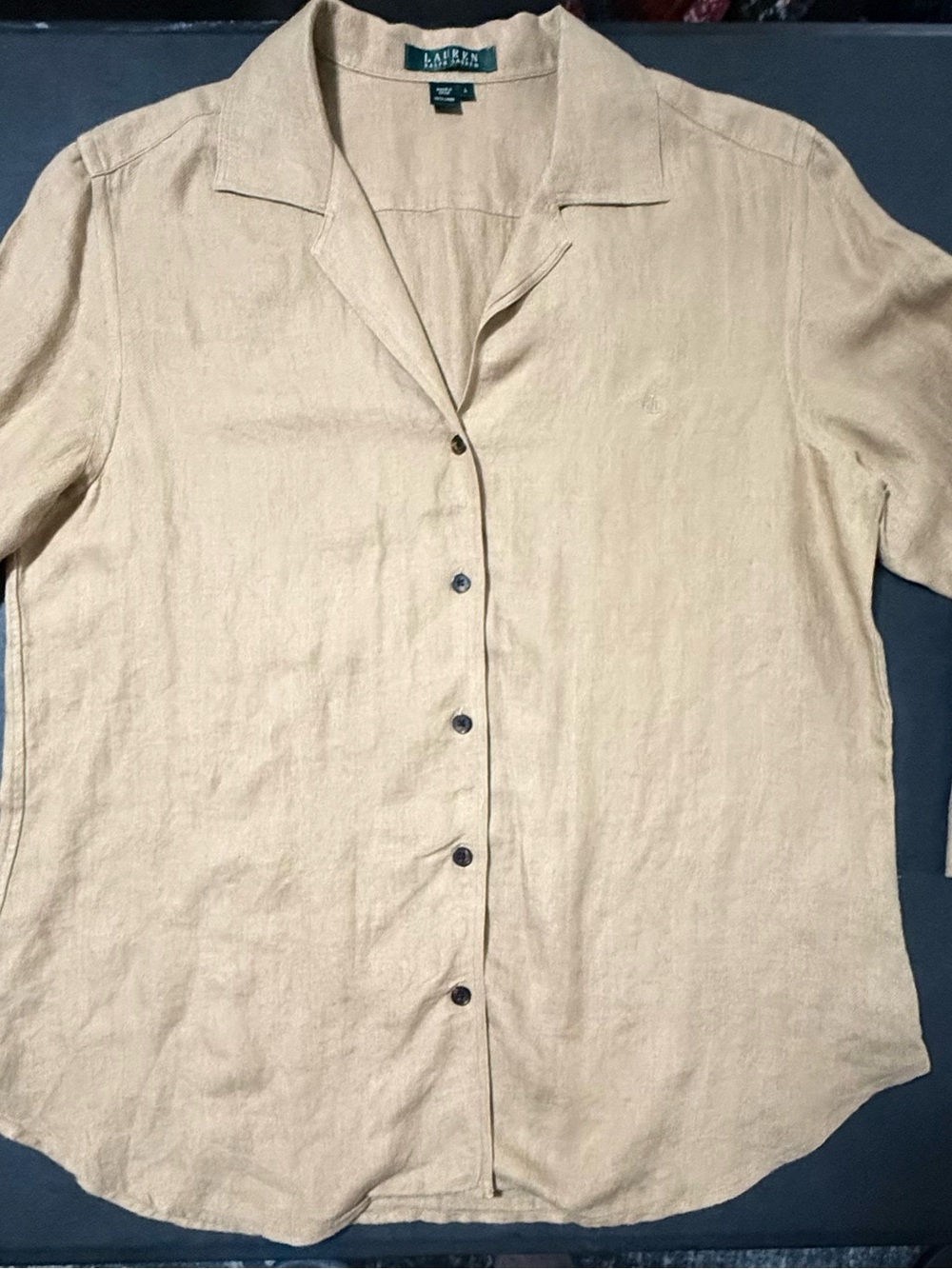 Lauren Ralph Lauren Women's Large 100% Linen Beige 3/4 Sleeve Button Up Top